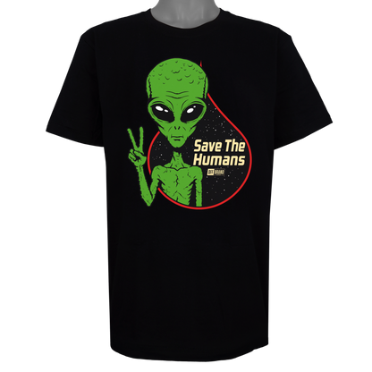 Save The Humans parody t-shirt featuring a green alien holding up a peace sign in front of a starry background on a Basic Black tee.