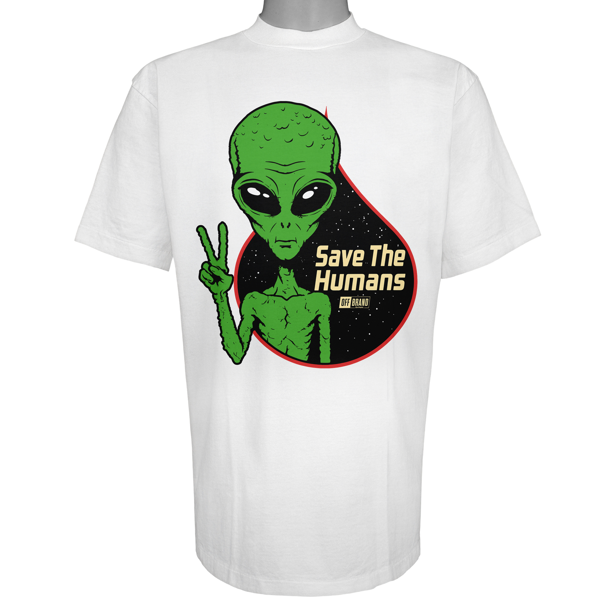 Save The Humans parody t-shirt featuring a green alien holding up a peace sign in front of a starry background on a Vintage White garment.