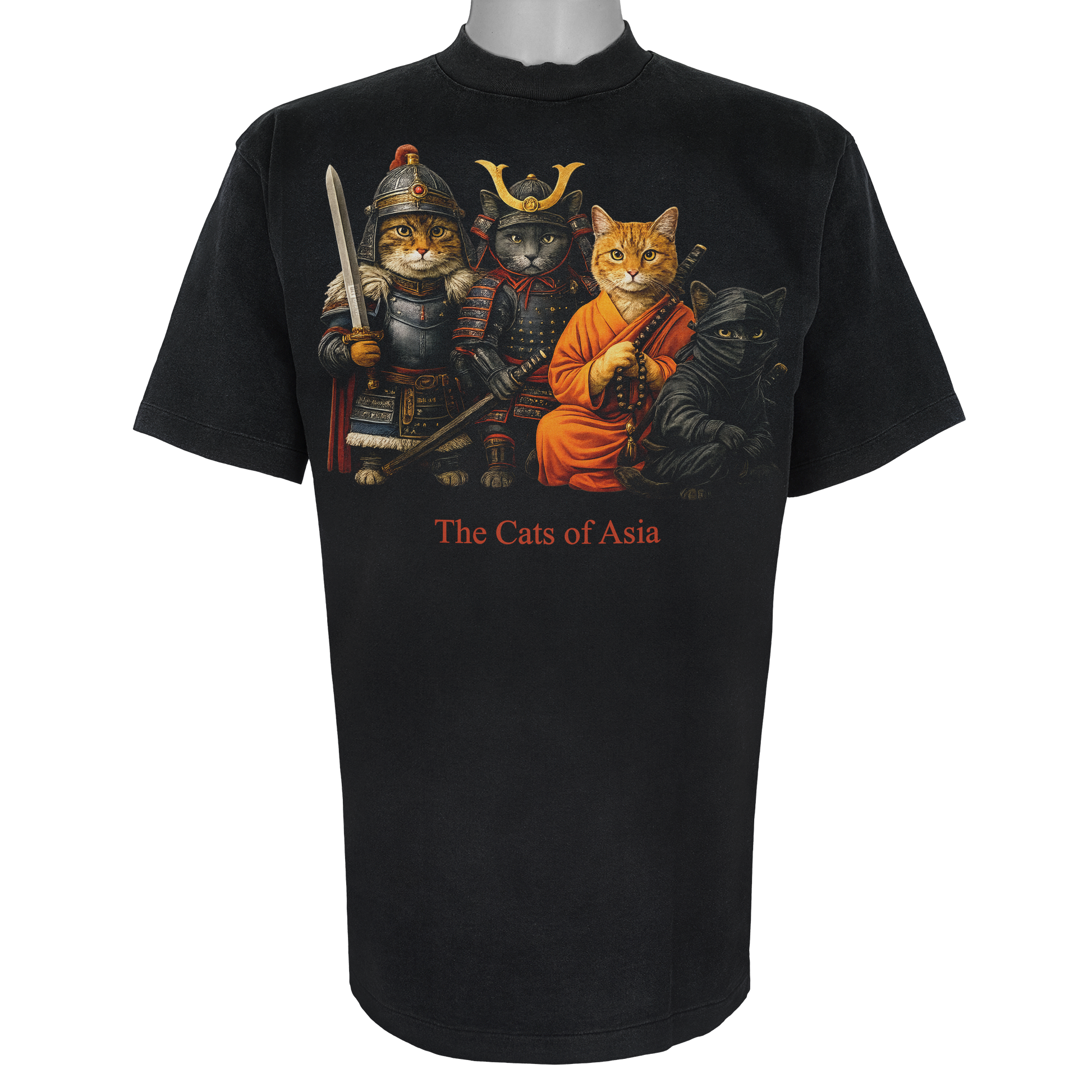 The Cats of Asia parody t-shirt inspired by historical warrior culture, featuring original cat artwork on a Vintage Black tee.