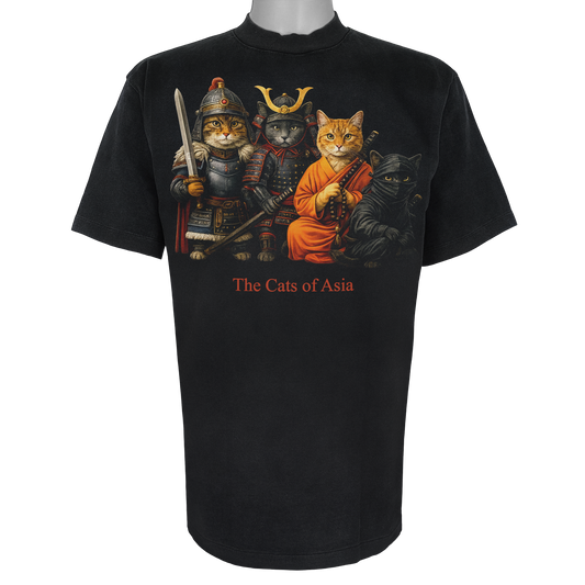 The Cats of Asia parody t-shirt inspired by historical warrior culture, featuring original cat artwork on a Vintage Black tee.