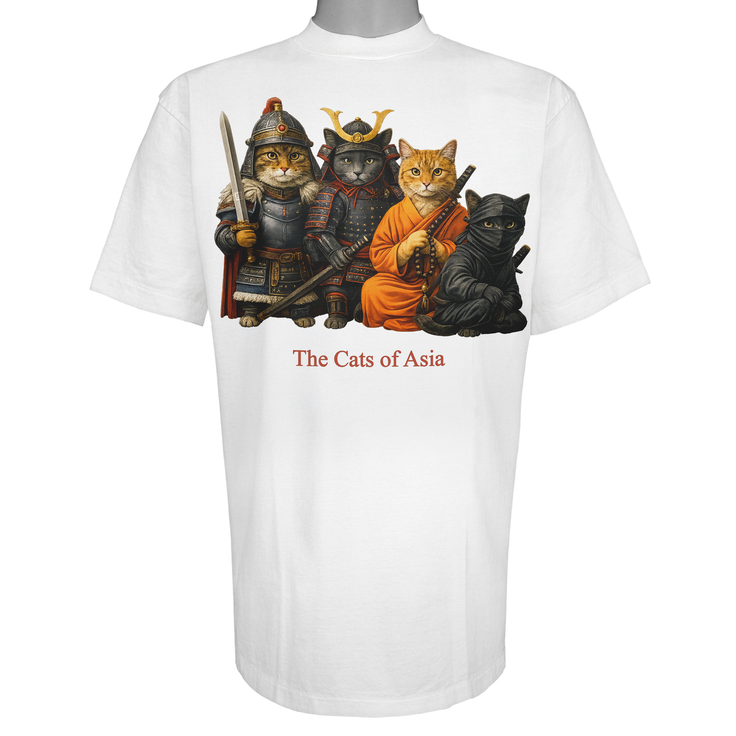The Cats of Asia parody t-shirt inspired by historical warrior culture, featuring original cat artwork on a Vintage White tee.