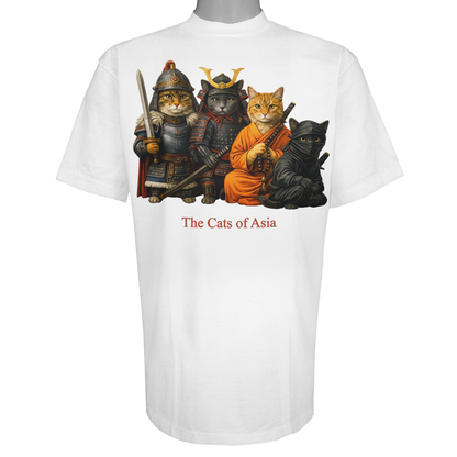 The Cats of Asia parody t-shirt inspired by historical warrior culture, featuring original cat artwork on a Vintage White tee.