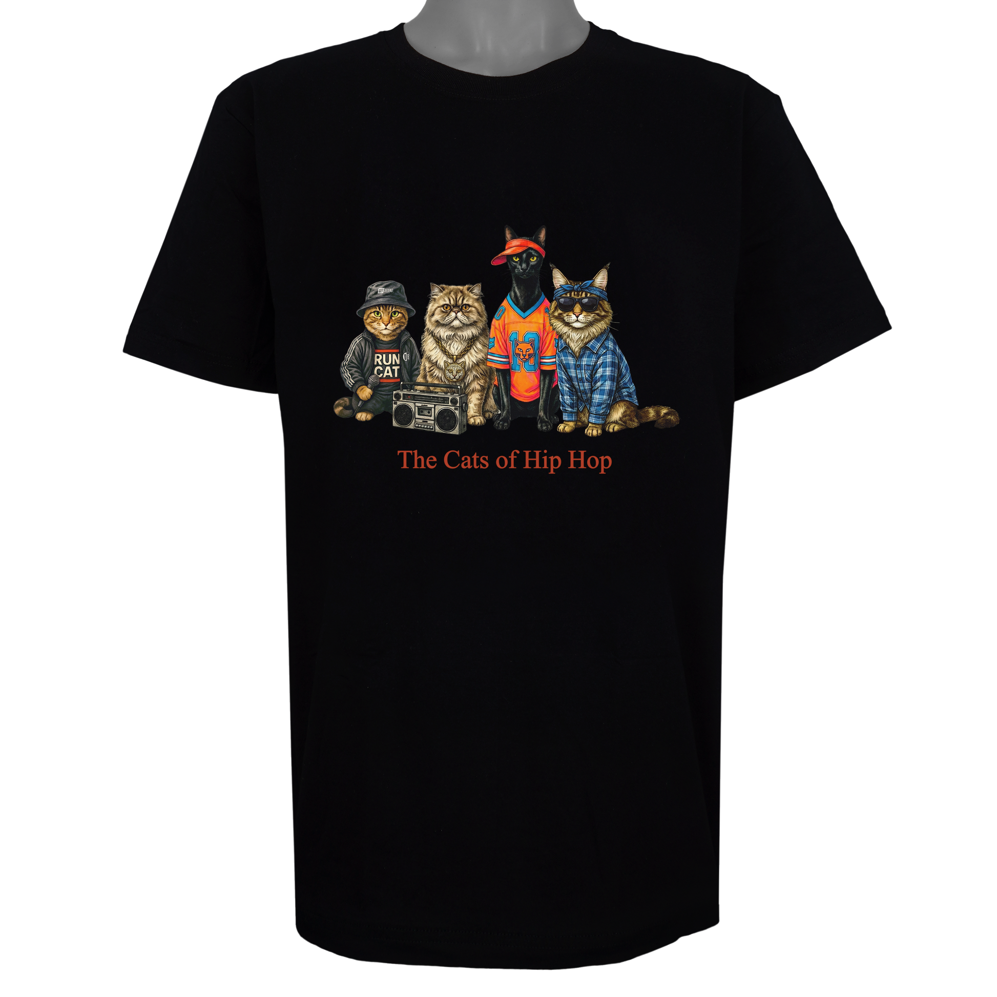 The Cats of Hip Hop parody t-shirt inspired by golden-era rap culture, featuring original cat artwork on a Basic Black tee.