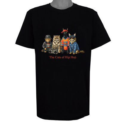 The Cats of Hip Hop parody t-shirt inspired by golden-era rap culture, featuring original cat artwork on a Basic Black tee.