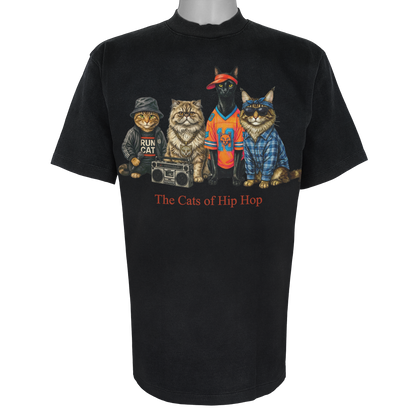 The Cats of Hip Hop parody t-shirt inspired by golden-era rap culture, featuring original cat artwork on a Vintage Black tee.