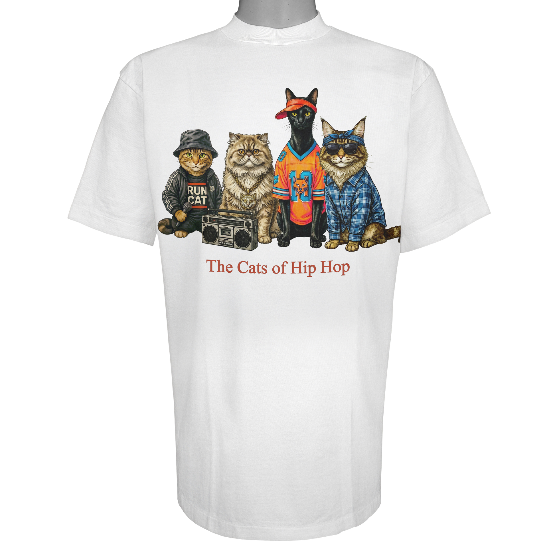 The Cats of Hip Hop parody t-shirt inspired by golden-era rap culture, featuring original cat artwork on a Vintage White tee.