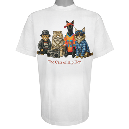 The Cats of Hip Hop parody t-shirt inspired by golden-era rap culture, featuring original cat artwork on a Vintage White tee.