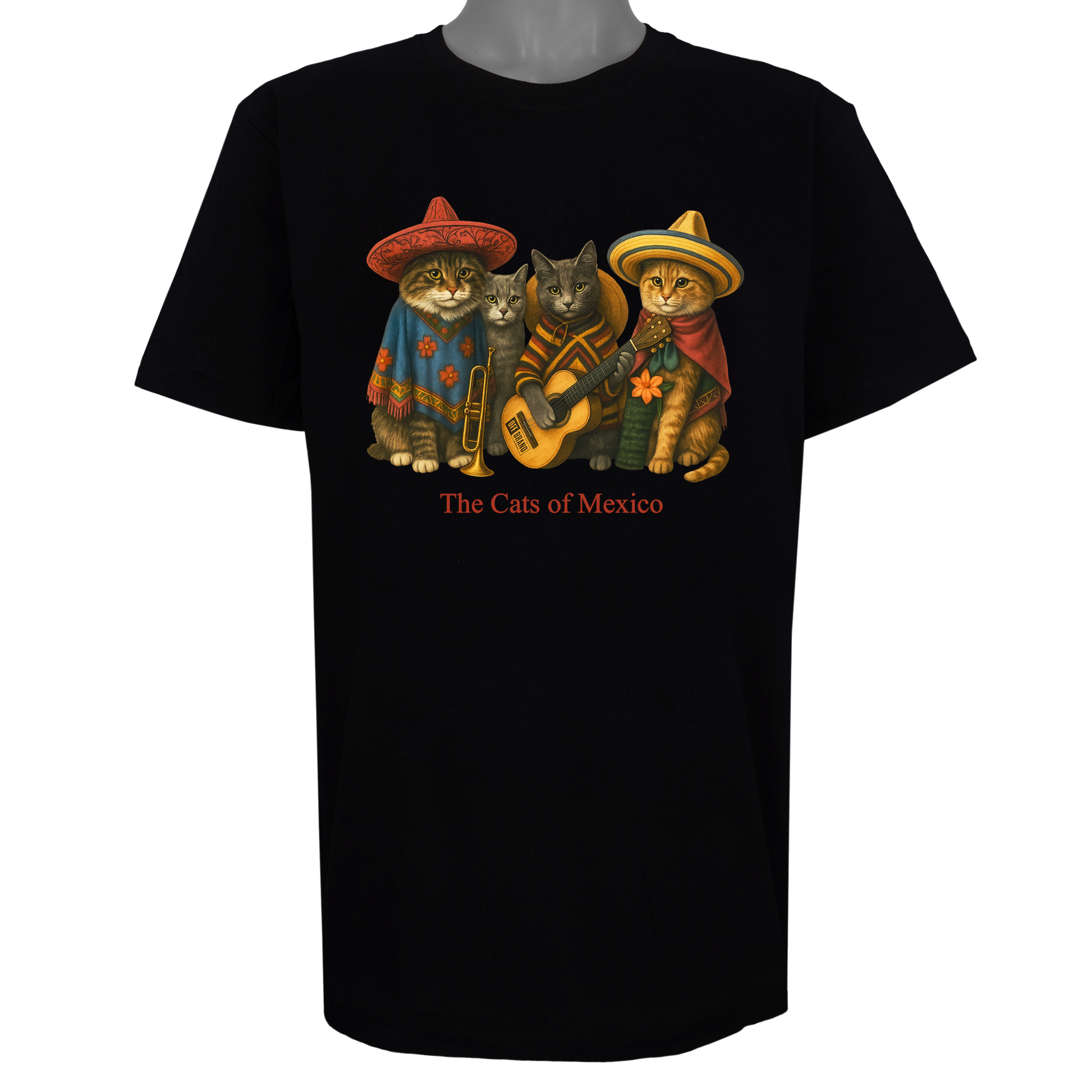 The Cats of Mexico parody t-shirt inspired by traditional folk music, featuring original cat artwork on a Basic Black tee.