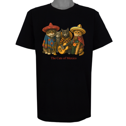 The Cats of Mexico parody t-shirt inspired by traditional folk music, featuring original cat artwork on a Basic Black tee.
