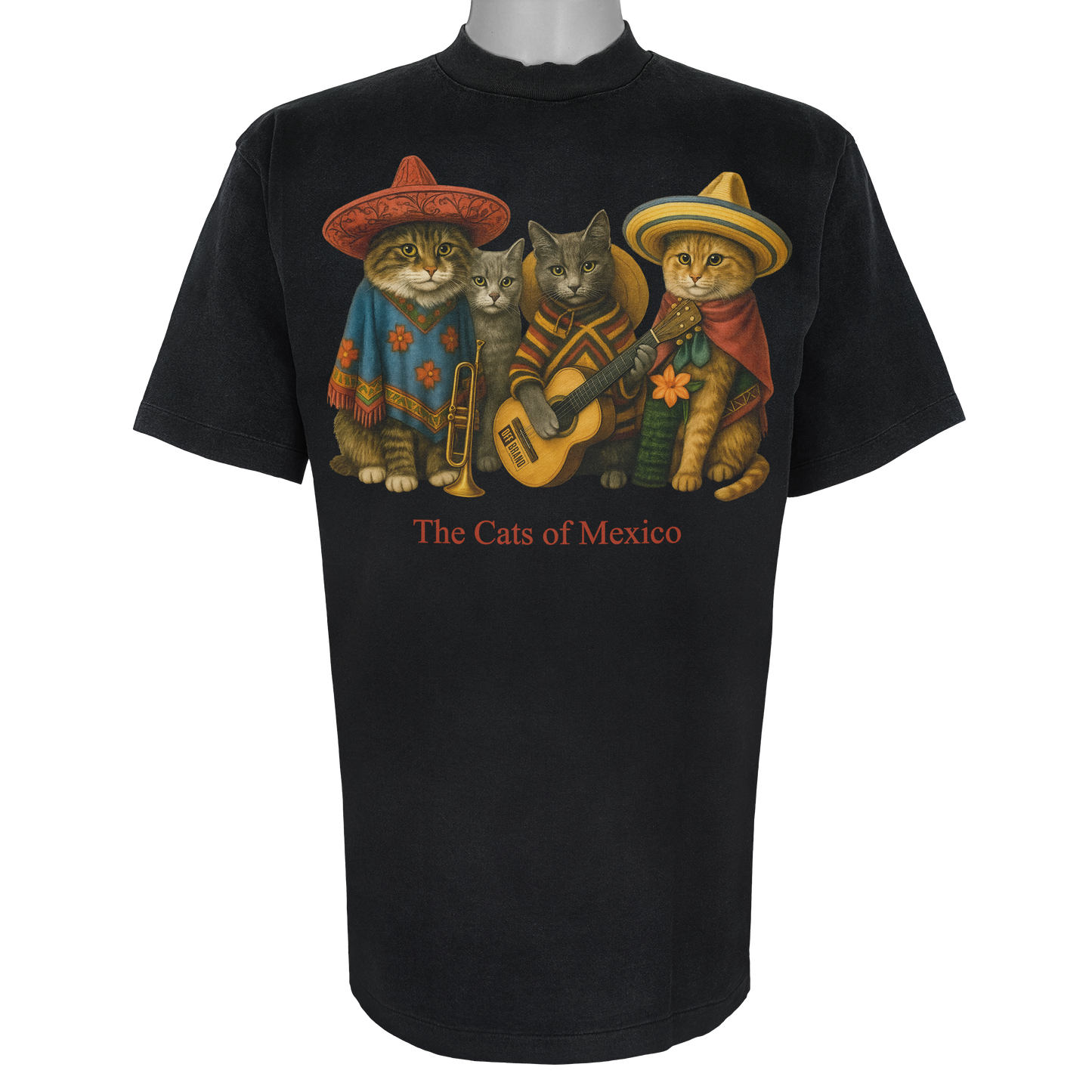 The Cats of Mexico parody t-shirt inspired by traditional folk music, featuring original cat artwork on a Vintage Black tee.