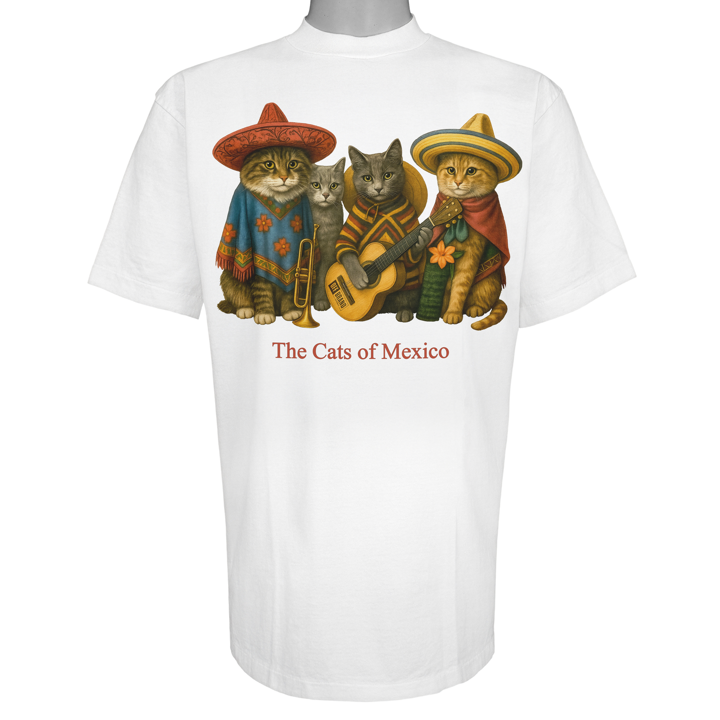 The Cats of Mexico parody t-shirt inspired by traditional folk music, featuring original cat artwork on a Vintage White tee.
