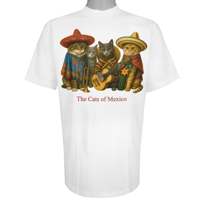 The Cats of Mexico parody t-shirt inspired by traditional folk music, featuring original cat artwork on a Vintage White tee.