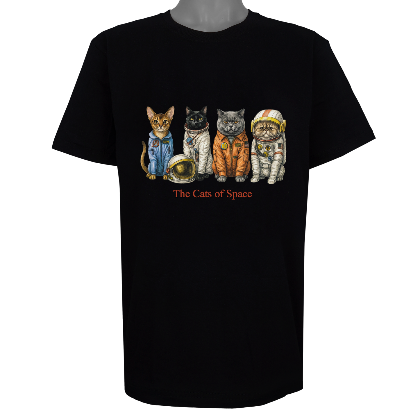 The Cats of Space parody t-shirt inspired by aerospace culture, featuring original cat artwork on a Basic Black tee.