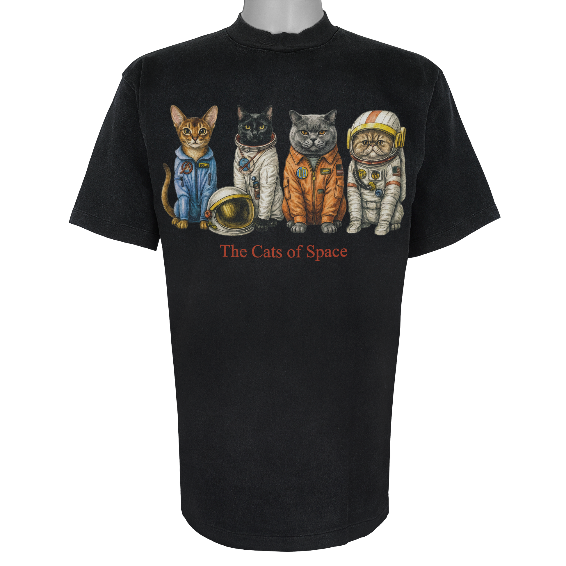 The Cats of Space parody t-shirt inspired by aerospace culture, featuring original cat artwork on a Vintage Black tee.
