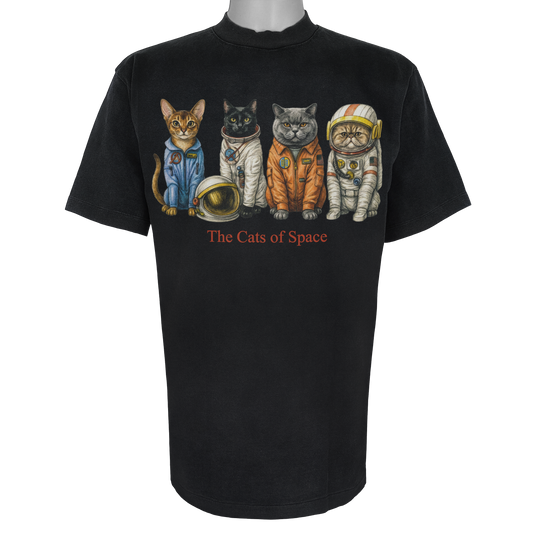 The Cats of Space parody t-shirt inspired by aerospace culture, featuring original cat artwork on a Vintage Black tee.