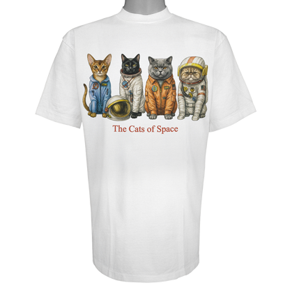 The Cats of Space parody t-shirt inspired by aerospace culture, featuring original cat artwork on a Vintage White tee.