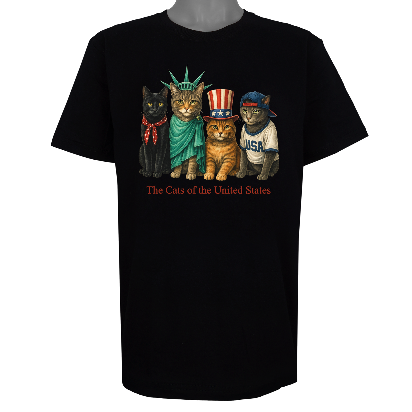 The Cats of the United States parody t-shirt inspired by patriotic culture, featuring original cat artwork on a Basic Black tee.