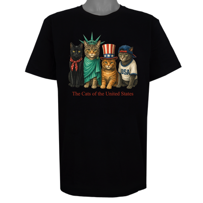 The Cats of the United States parody t-shirt inspired by patriotic culture, featuring original cat artwork on a Basic Black tee.