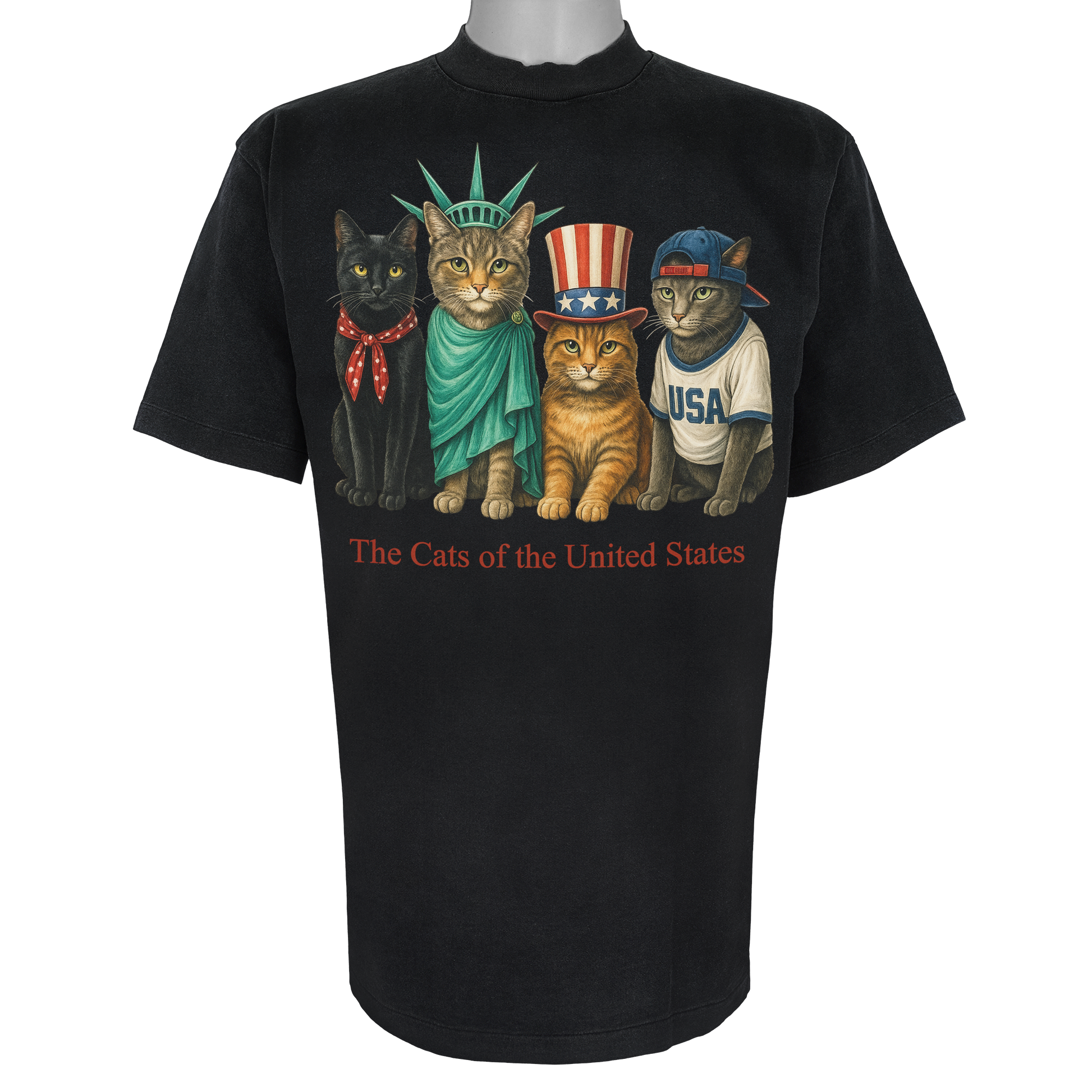 The Cats of the United States parody t-shirt inspired by patriotic culture, featuring original cat artwork on a Vintage Black tee.
