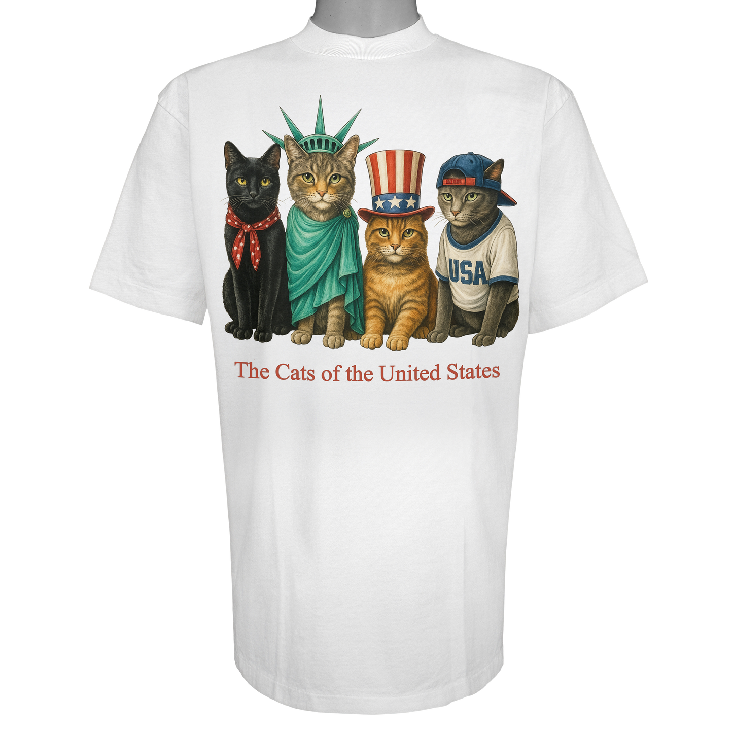The Cats of the United States parody t-shirt inspired by patriotic culture, featuring original cat artwork on a Vintage White tee.