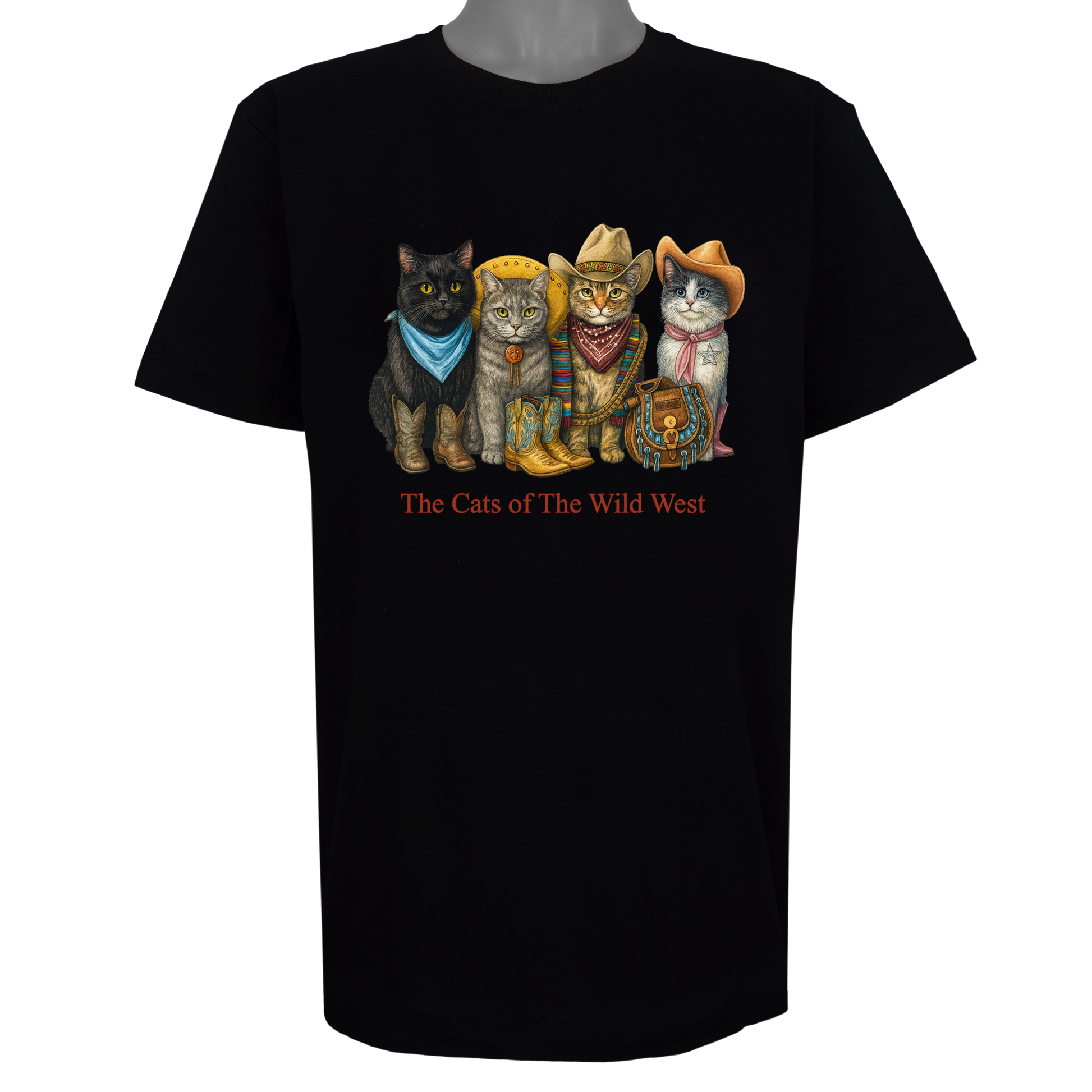 The Cats of the Wild West parody t-shirt inspired by American frontier culture, featuring original cat artwork on a Basic Black tee.
