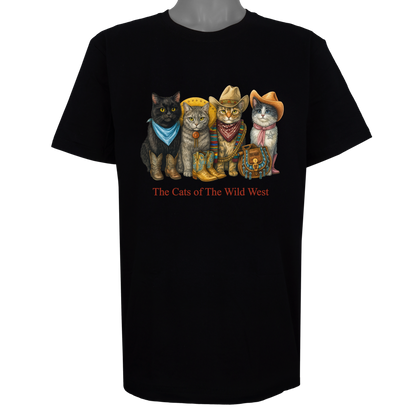 The Cats of the Wild West parody t-shirt inspired by American frontier culture, featuring original cat artwork on a Basic Black tee.