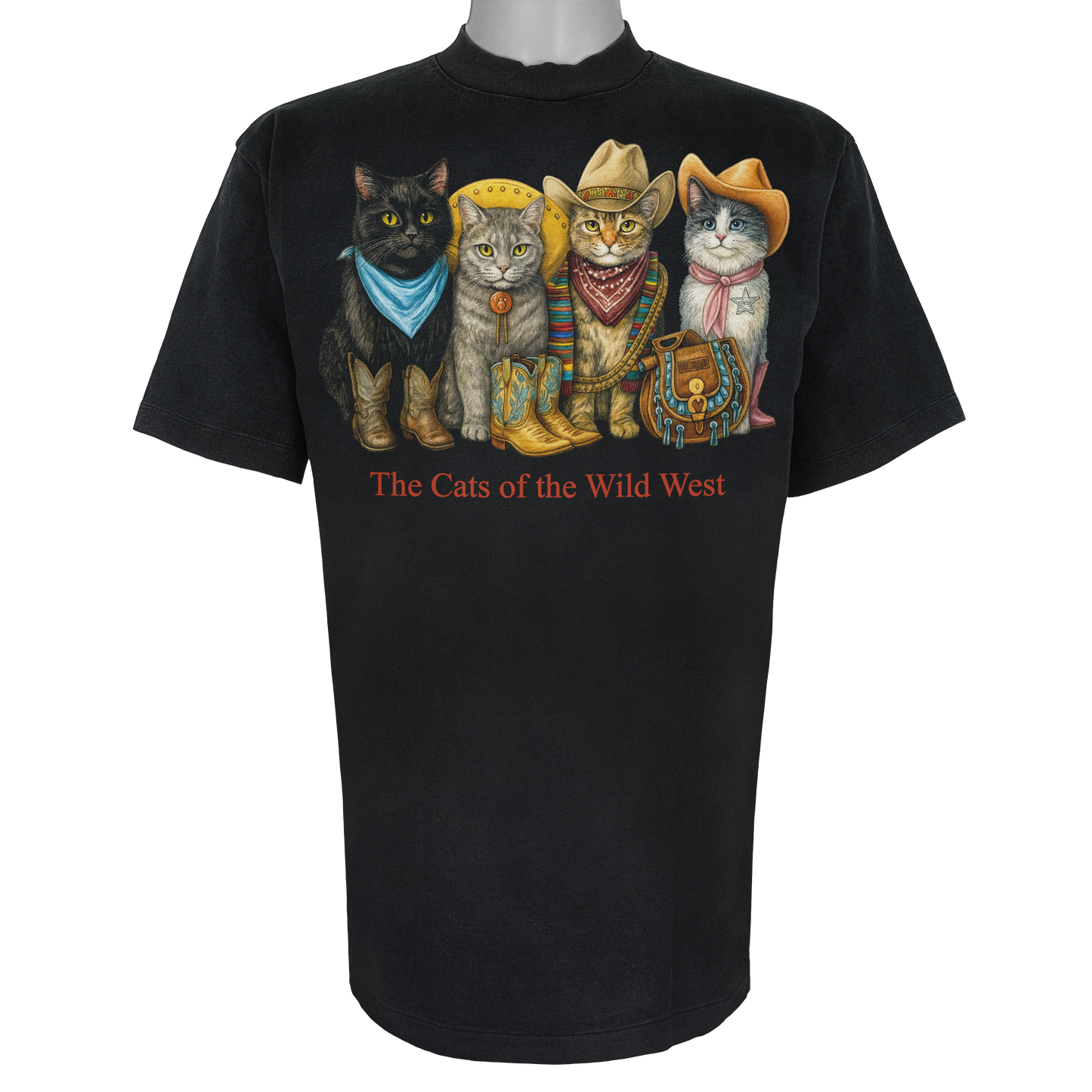 The Cats of the Wild West parody t-shirt inspired by American frontier culture, featuring original cat artwork on a Vintage Black tee.