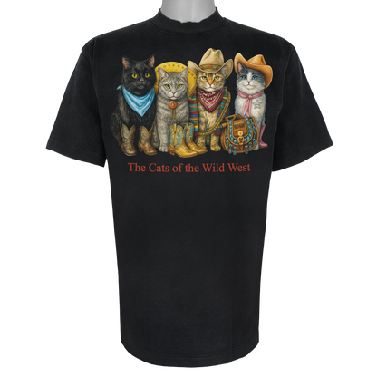 The Cats of the Wild West parody t-shirt inspired by American frontier culture, featuring original cat artwork on a Vintage Black tee.
