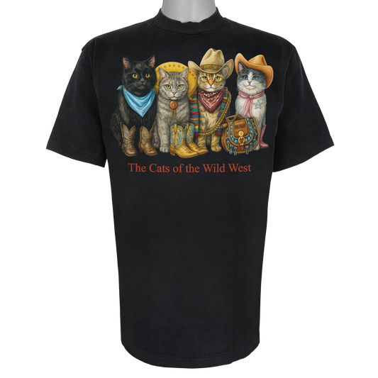The Cats of the Wild West parody t-shirt inspired by American frontier culture, featuring original cat artwork on a Vintage Black tee.