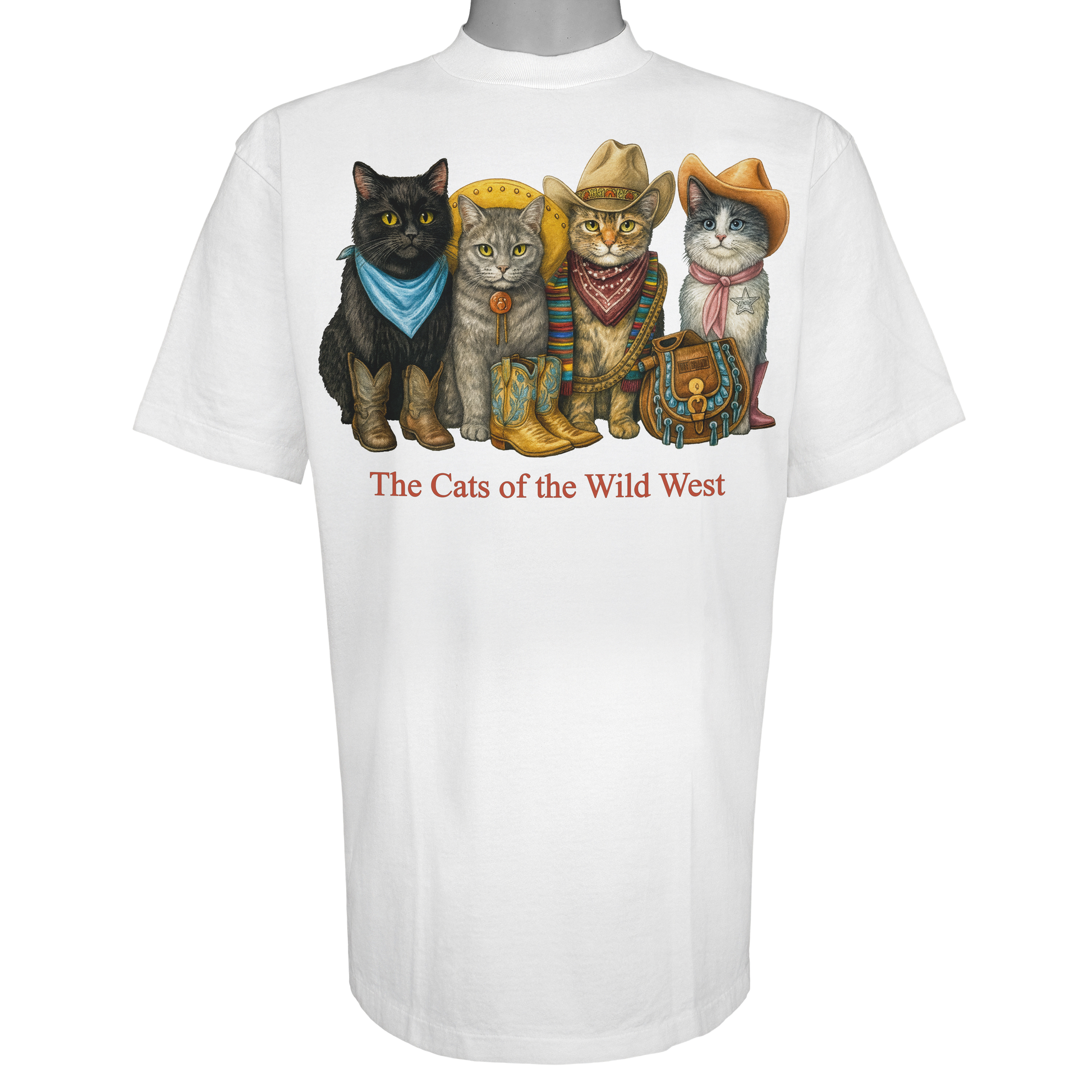 The Cats of the Wild West parody t-shirt inspired by American frontier culture, featuring original cat artwork on a Vintage White tee.