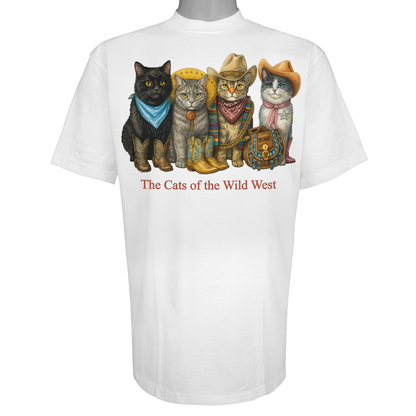 The Cats of the Wild West parody t-shirt inspired by American frontier culture, featuring original cat artwork on a Vintage White tee.
