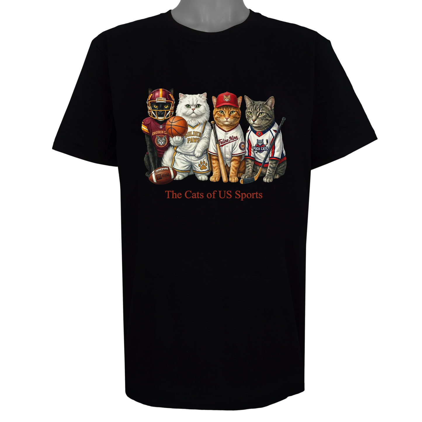 The Cats of US Sports parody t-shirt inspired by professional athletic culture, featuring original cat artwork on a Basic Black tee.