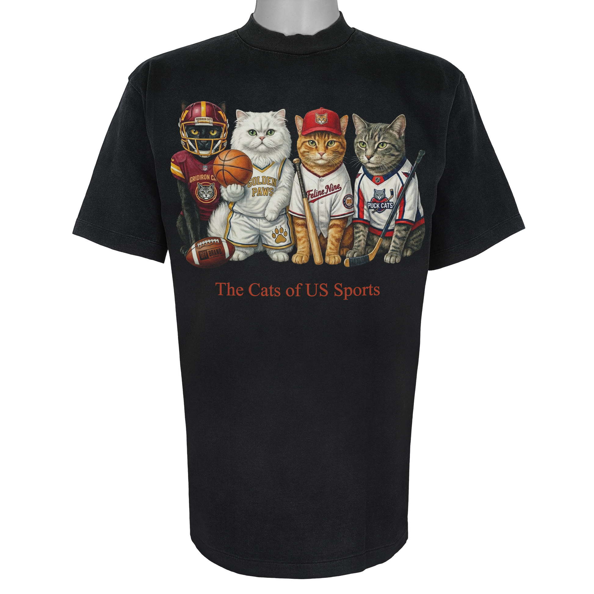 The Cats of US Sports parody t-shirt inspired by professional athletic culture, featuring original cat artwork on a Vintage Black tee.
