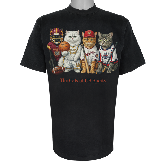 The Cats of US Sports parody t-shirt inspired by professional athletic culture, featuring original cat artwork on a Vintage Black tee.