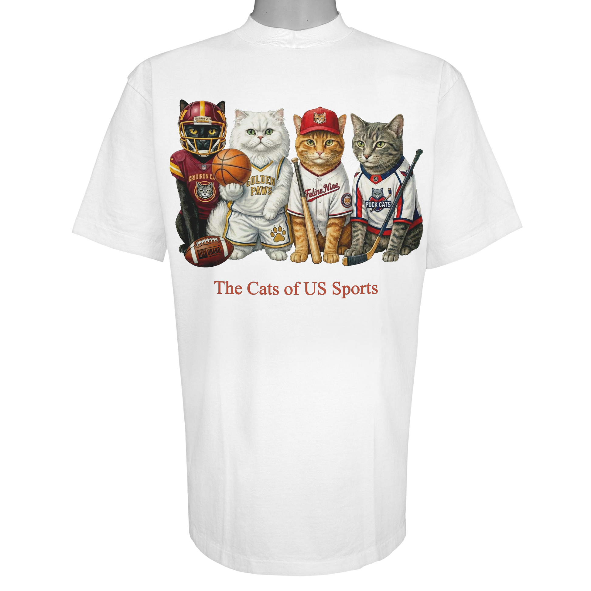 The Cats of US Sports parody t-shirt inspired by professional athletic culture, featuring original cat artwork on a Vintage White tee.