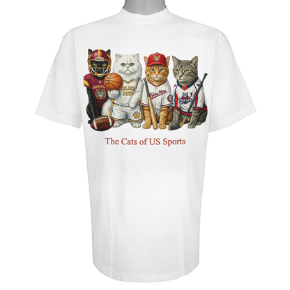The Cats of US Sports parody t-shirt inspired by professional athletic culture, featuring original cat artwork on a Vintage White tee.