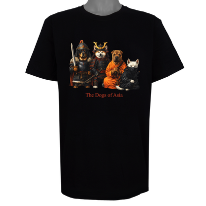 The Dogs of Asia parody t-shirt inspired by historical warrior culture, featuring original dog artwork on a Basic Black tee.