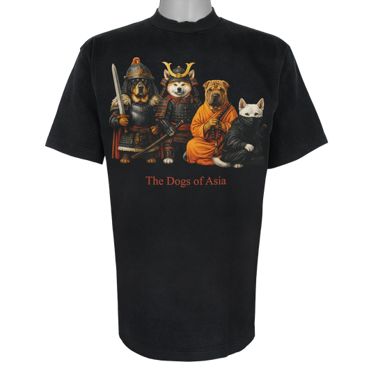 The Dogs of Asia parody t-shirt inspired by historical warrior culture, featuring original dog artwork on a Vintage Black tee.