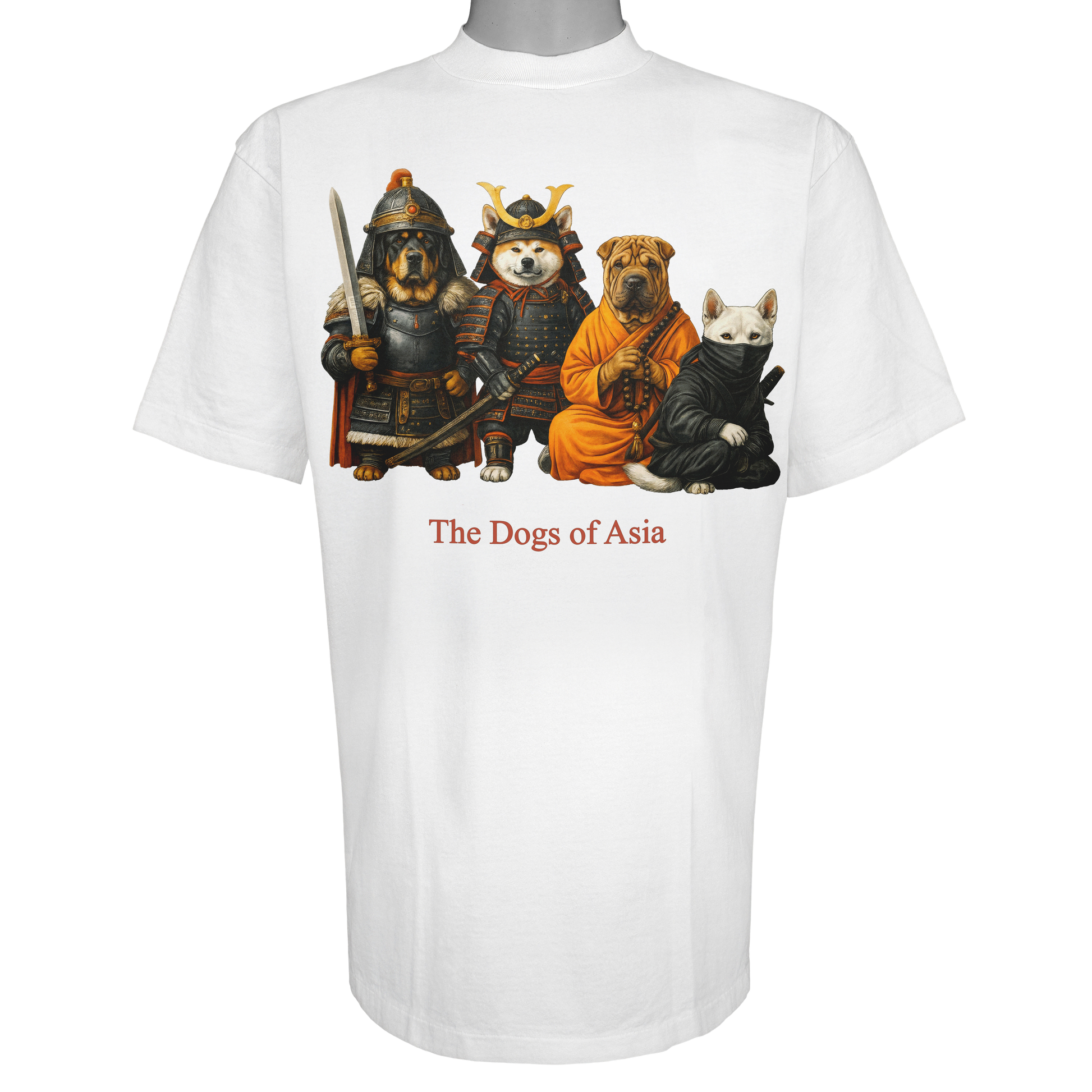 The Dogs of Asia parody t-shirt inspired by historical warrior culture, featuring original dog artwork on a Vintage White tee.