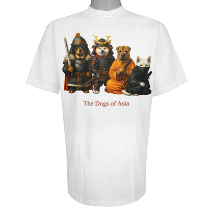 The Dogs of Asia parody t-shirt inspired by historical warrior culture, featuring original dog artwork on a Vintage White tee.