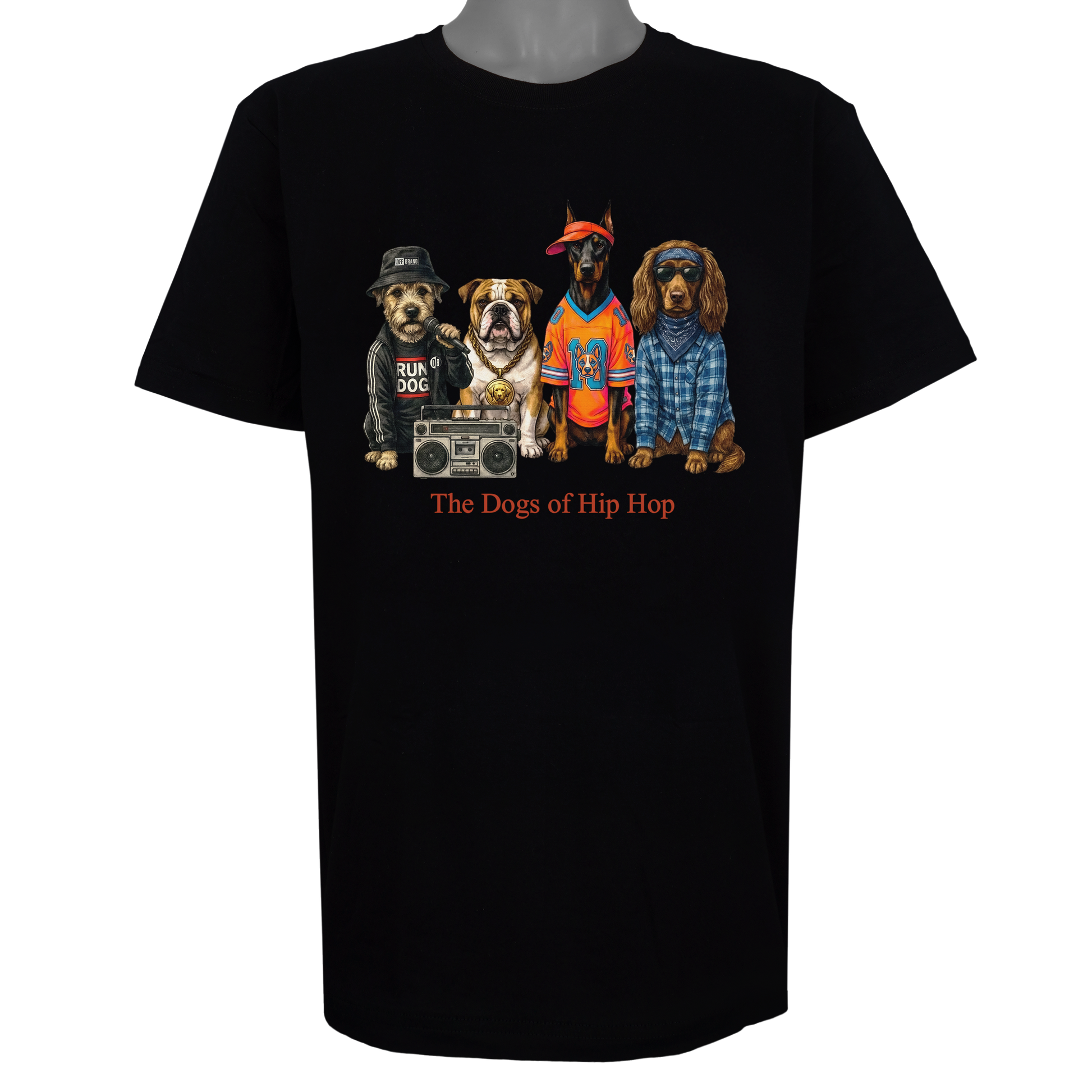 The Dogs of Hip Hop parody t-shirt inspired by golden-era rap culture, featuring original dog artwork on a Basic Black tee.
