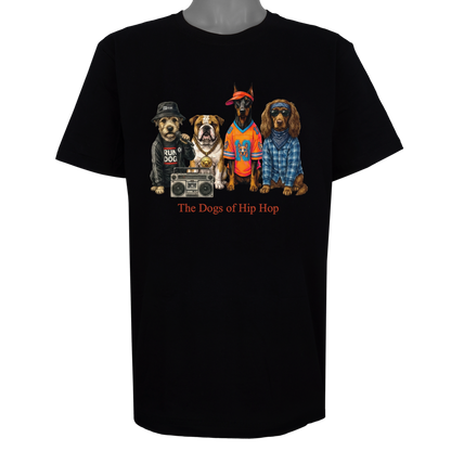 The Dogs of Hip Hop parody t-shirt inspired by golden-era rap culture, featuring original dog artwork on a Basic Black tee.