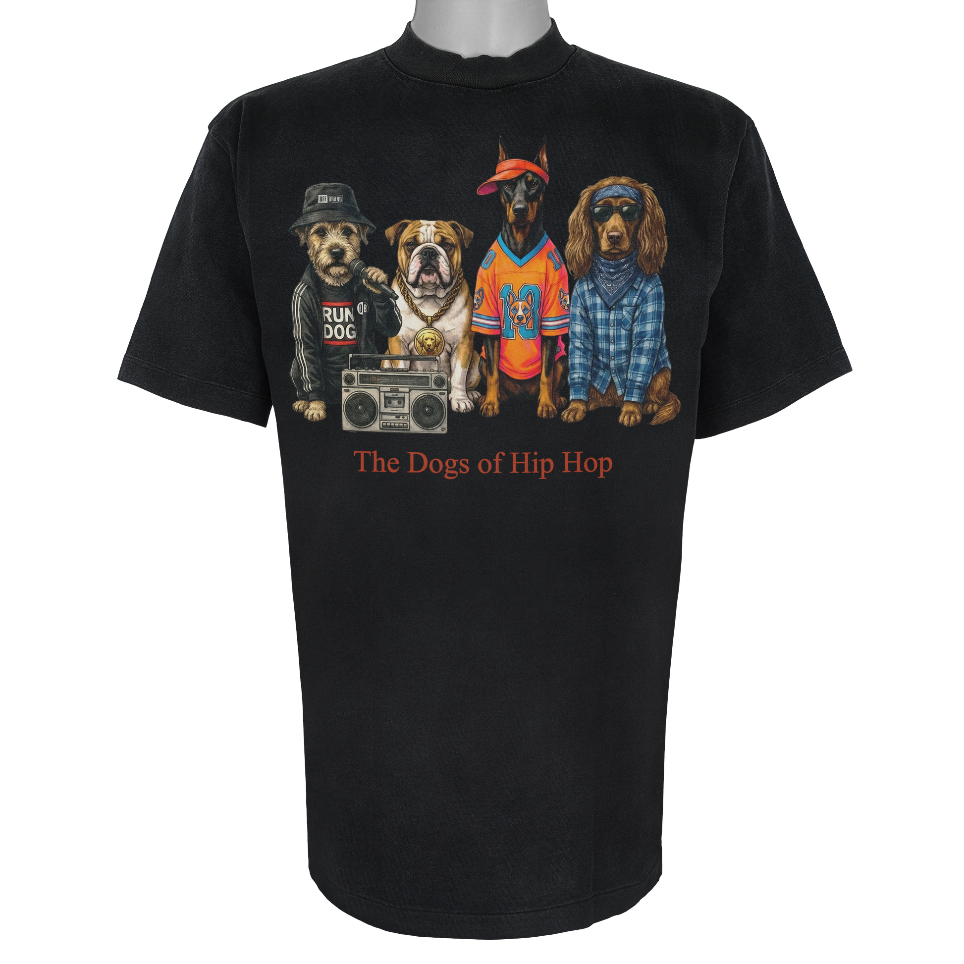 The Dogs of Hip Hop parody t-shirt inspired by golden-era rap culture, featuring original dog artwork on a Vintage Black tee