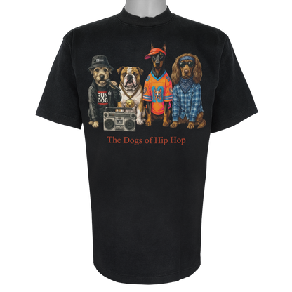 The Dogs of Hip Hop parody t-shirt inspired by golden-era rap culture, featuring original dog artwork on a Vintage Black tee