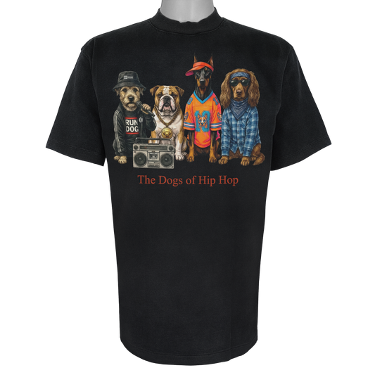 The Dogs of Hip Hop parody t-shirt inspired by golden-era rap culture, featuring original dog artwork on a Vintage Black tee