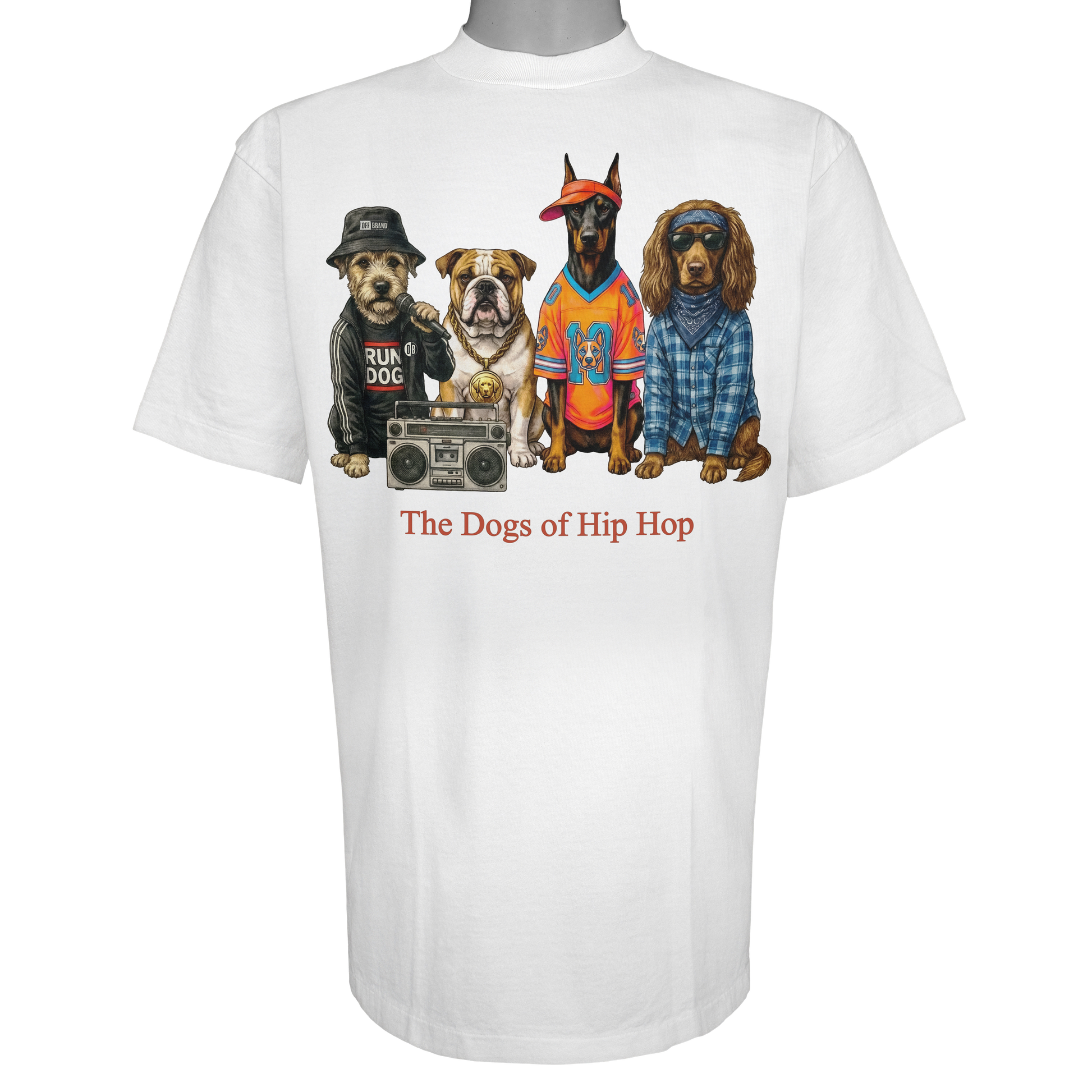 The Dogs of Hip Hop parody t-shirt inspired by golden-era rap culture, featuring original dog artwork on a Vintage White tee.