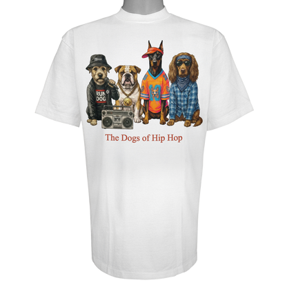The Dogs of Hip Hop parody t-shirt inspired by golden-era rap culture, featuring original dog artwork on a Vintage White tee.