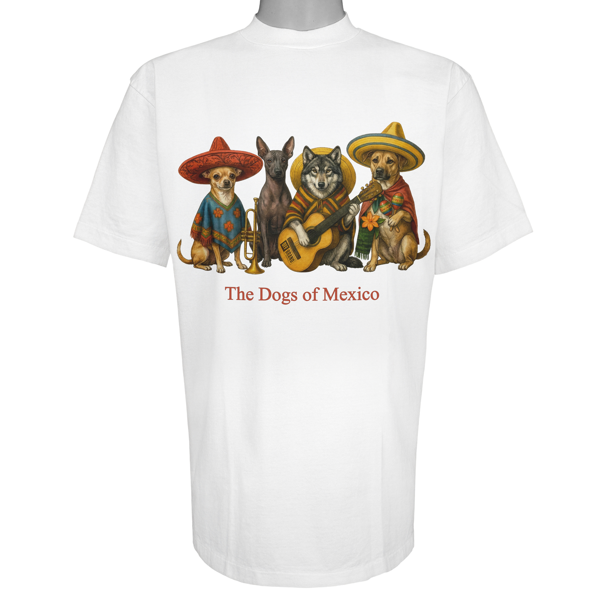The Dogs of Mexico parody t-shirt inspired by traditional folk music, featuring original dog artwork on a Vintage White tee.