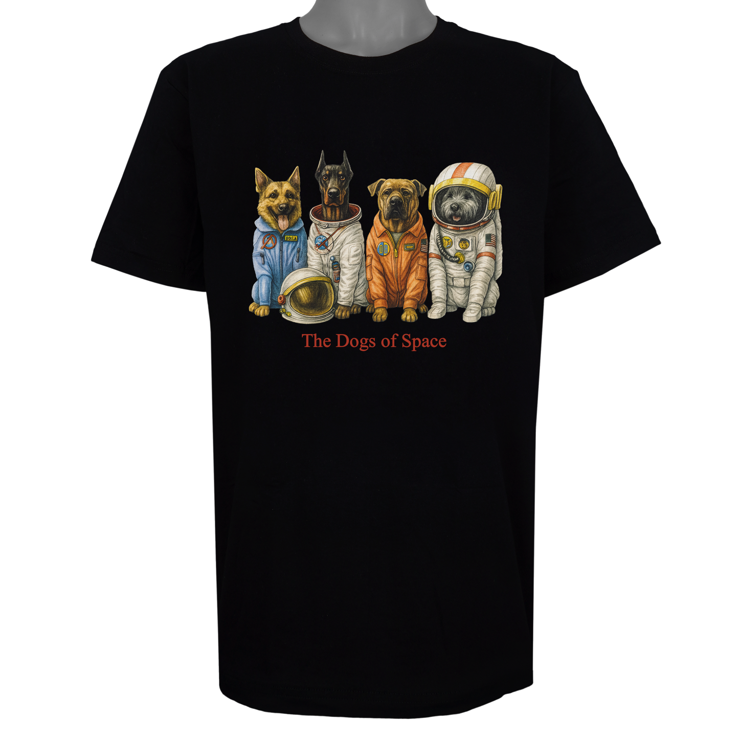 The Dogs of Space parody t-shirt inspired by aerospace culture, featuring original dog artwork on a Basic Black tee.