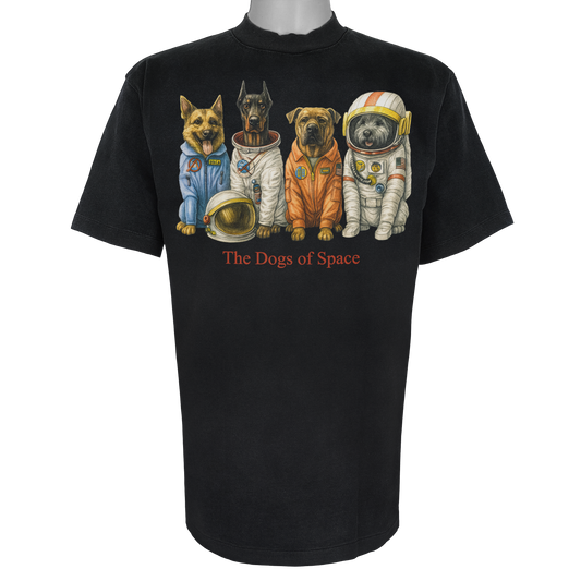 The Dogs of Space parody t-shirt inspired by aerospace culture, featuring original dog artwork on a Vintage Black tee.
